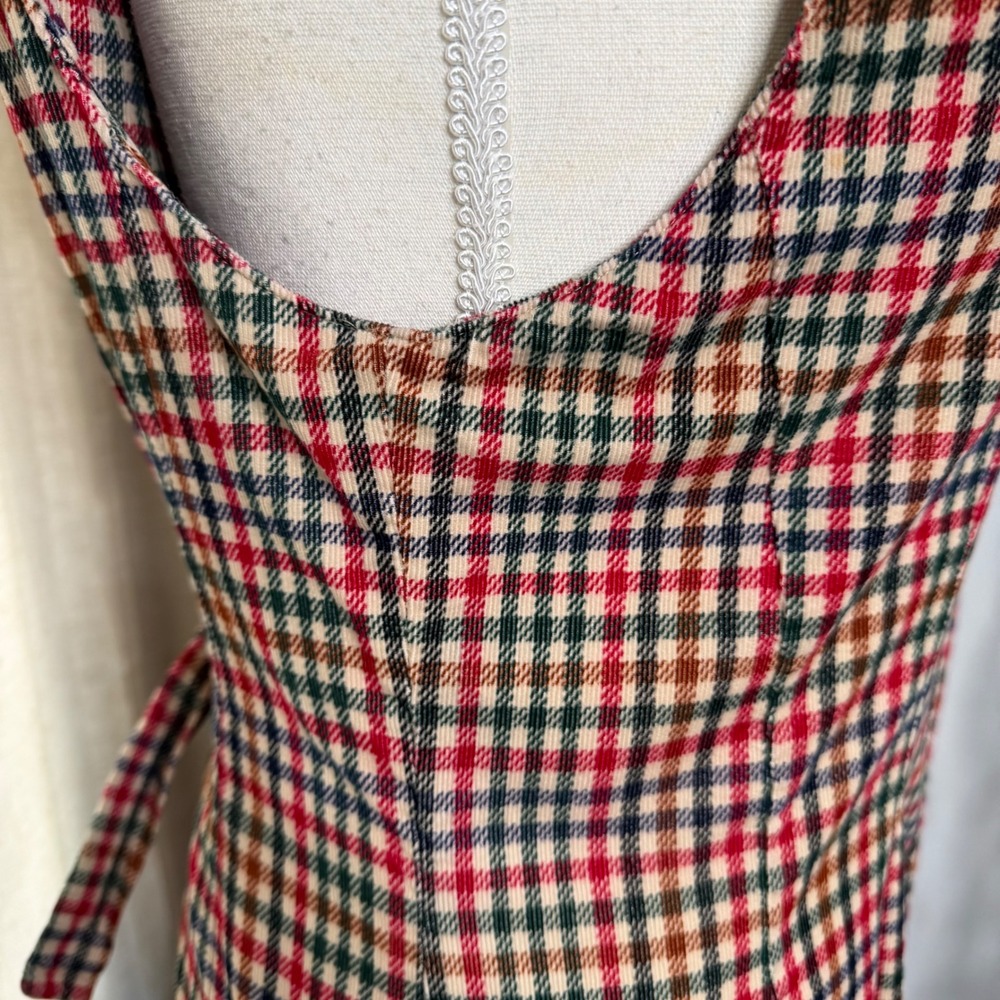 Vintage Susan Bristol Maxi Dress Plaid Corduroy Button Front Tie Back Size 10 - Picture 5 of 10